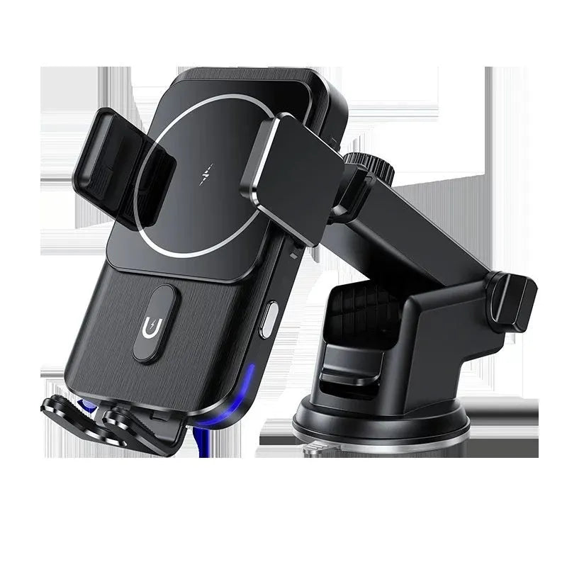 Black car wireless phone charger holder showing both clip and suction cup mounting options