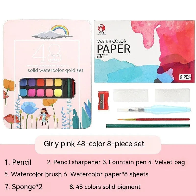 48-colour solid watercolour paint set in box with Black Knight, Girl Pink and Sunshine Blue shades