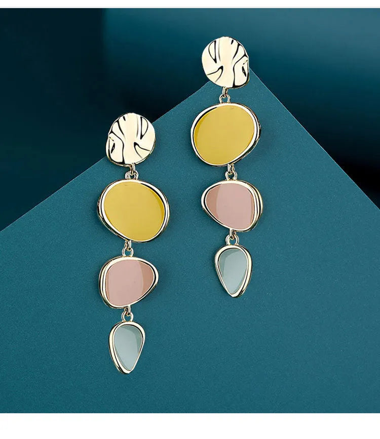 Sterling silver finish drop earrings with a Morandi three-colour oil-dripped wafer disc design.