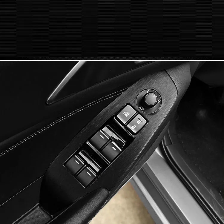 Car interior decorative vinyl sticker kit showing pre-cut pieces for dashboard, centre console and trim