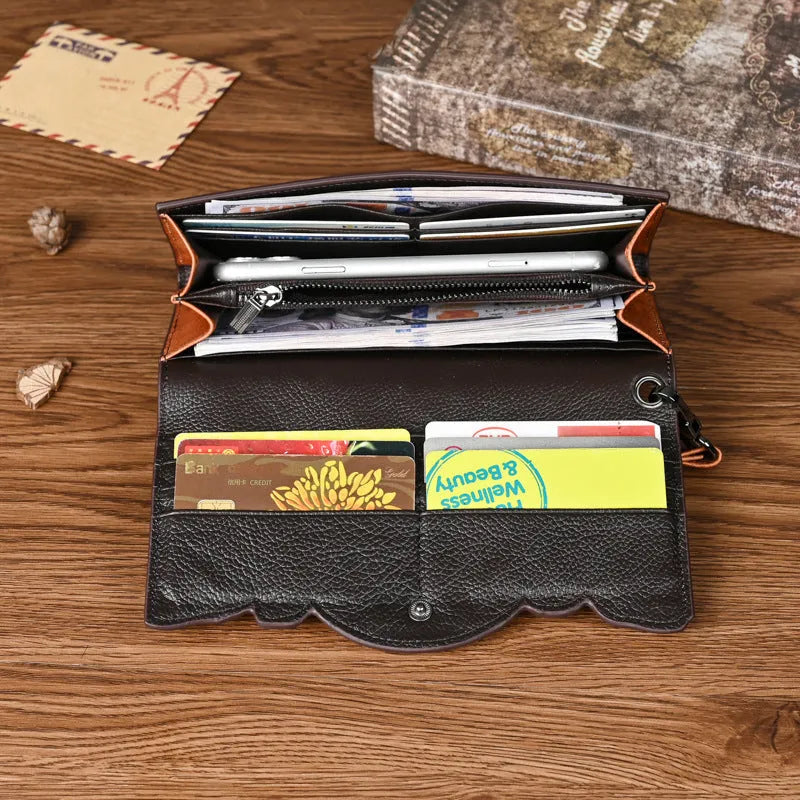 Chinese-style embossed floral pattern tri-fold women's wallet in genuine leather