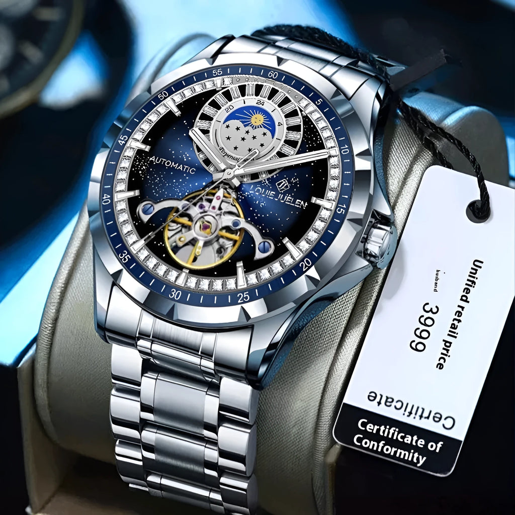 Men's silver alloy automatic mechanical watch with blue dial and stainless steel bracelet