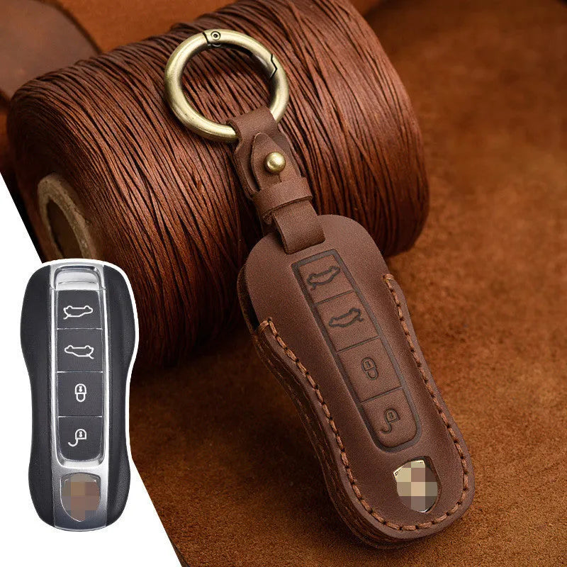 Genuine cowhide leather Porsche key cover with retro bag buckle in blue or brown colour