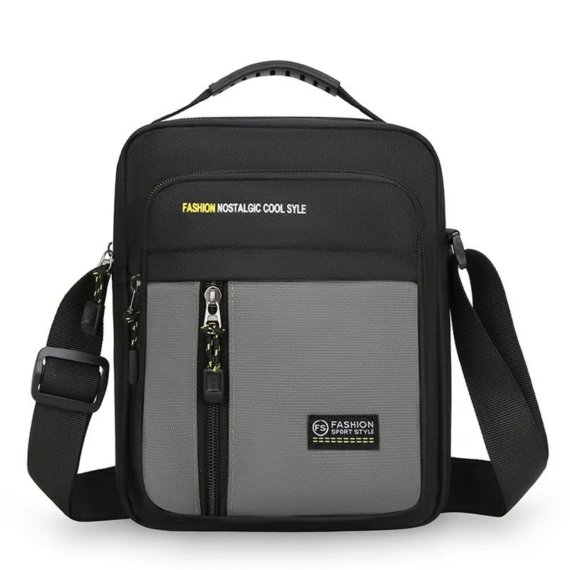 Men's casual nylon crossbody messenger bag in green, gray, black or blue with sewing thread detail