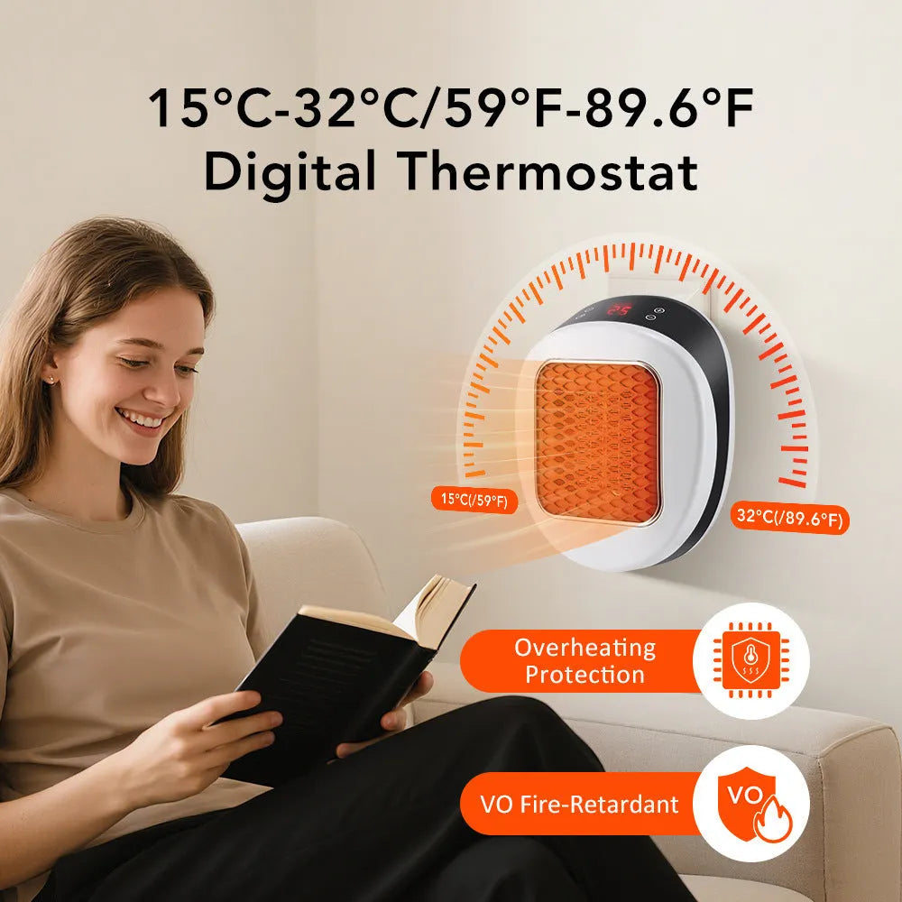 White ceramic heating electric hot air blower heater with remote control on wooden surface