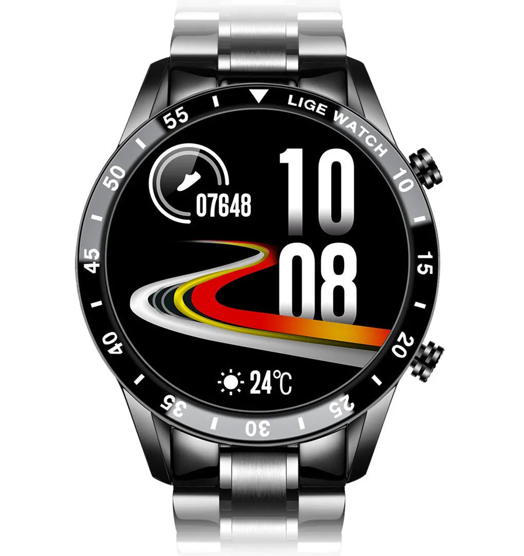 Stainless steel smart watch with black band and 1.3 inch touch screen display showing step count