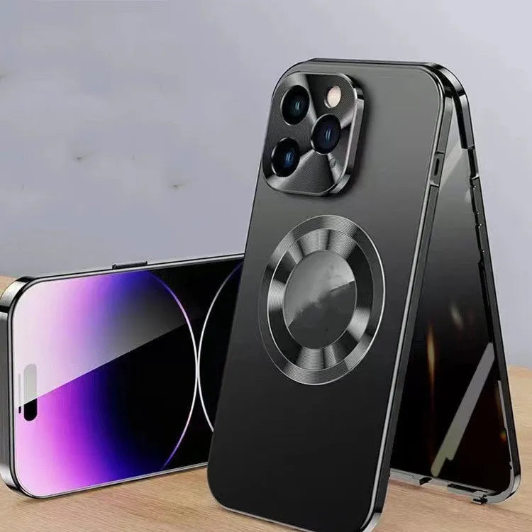 Magnetic anti-peep phone case for iPhone in black, blue, gold, purple, and silver colours.