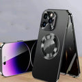 Magnetic anti-peep phone case for iPhone in black, blue, gold, purple, and silver colours.
