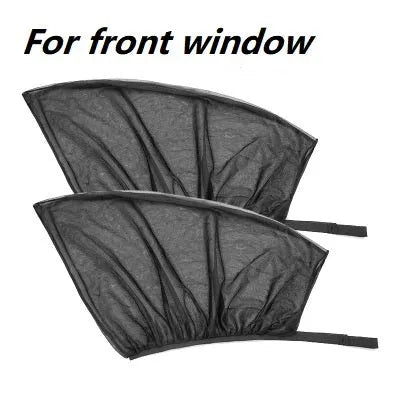 Car side window sunshade mesh cover installed on vehicle door with elastic strip fixation