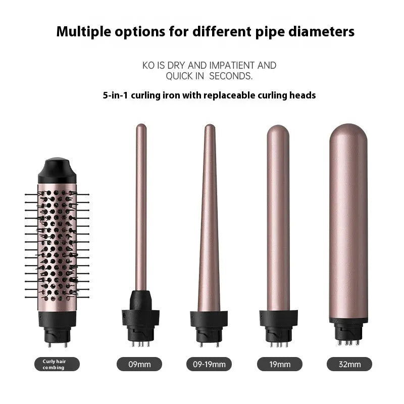 Automatic large wave hair curler in rose gold with three black headbands on a white background