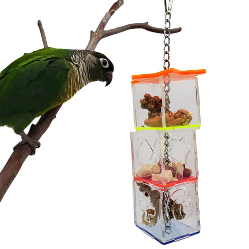 Clear acrylic bird foraging toy for parrots measuring 32 cm long