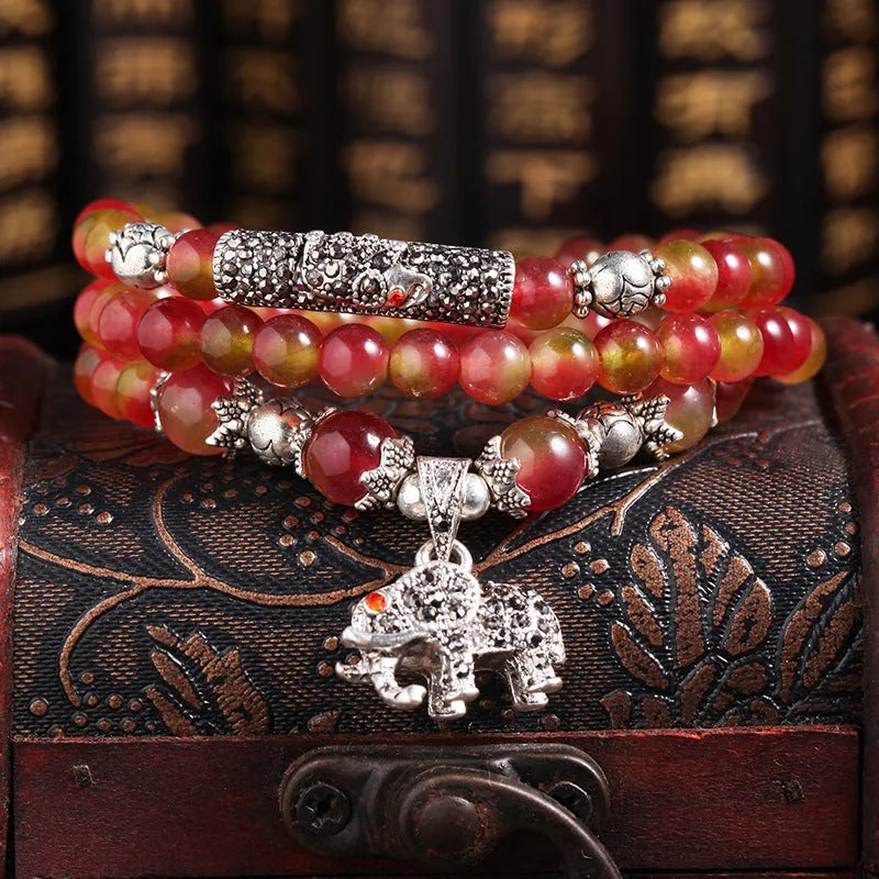 Handcrafted natural watermelon crystal bracelet with geometric beads and Chinese knot adjustable closure