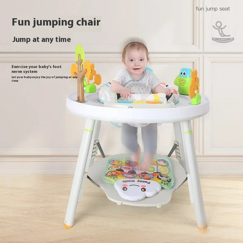 Baby jumping chair with three-in-one function as gymnastic rack, featuring interactive toys for ability training