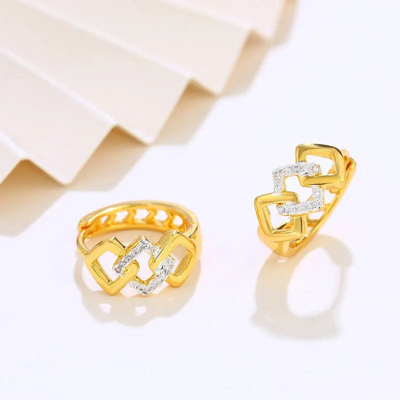 Geometric gold alloy earrings with hollow-out design and clip-on fittings