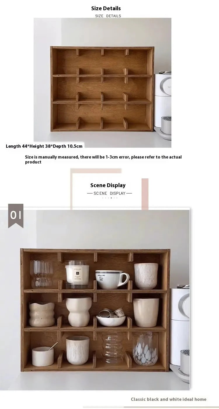 Square solid wood cup storage rack with birch finish and multiple square compartments for organising mugs.