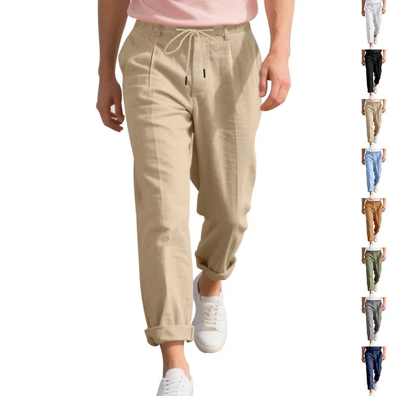 Men's casual linen trousers in light khaki colour with drawstring waist and straight leg