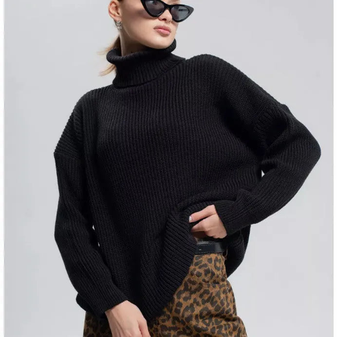 Women's high neck pullover sweater in imitation cashmere, shown in a solid colour with a textured 3D pattern.