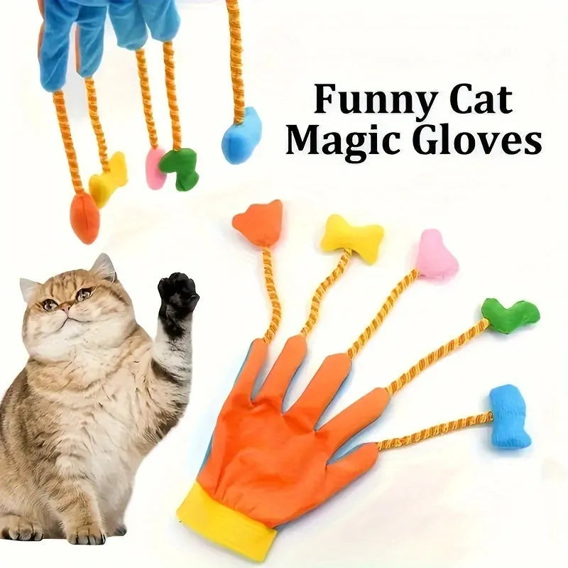 Yellow and blue plush glove cat toy with a bell, shown next to a 40 cm ruler for scale.