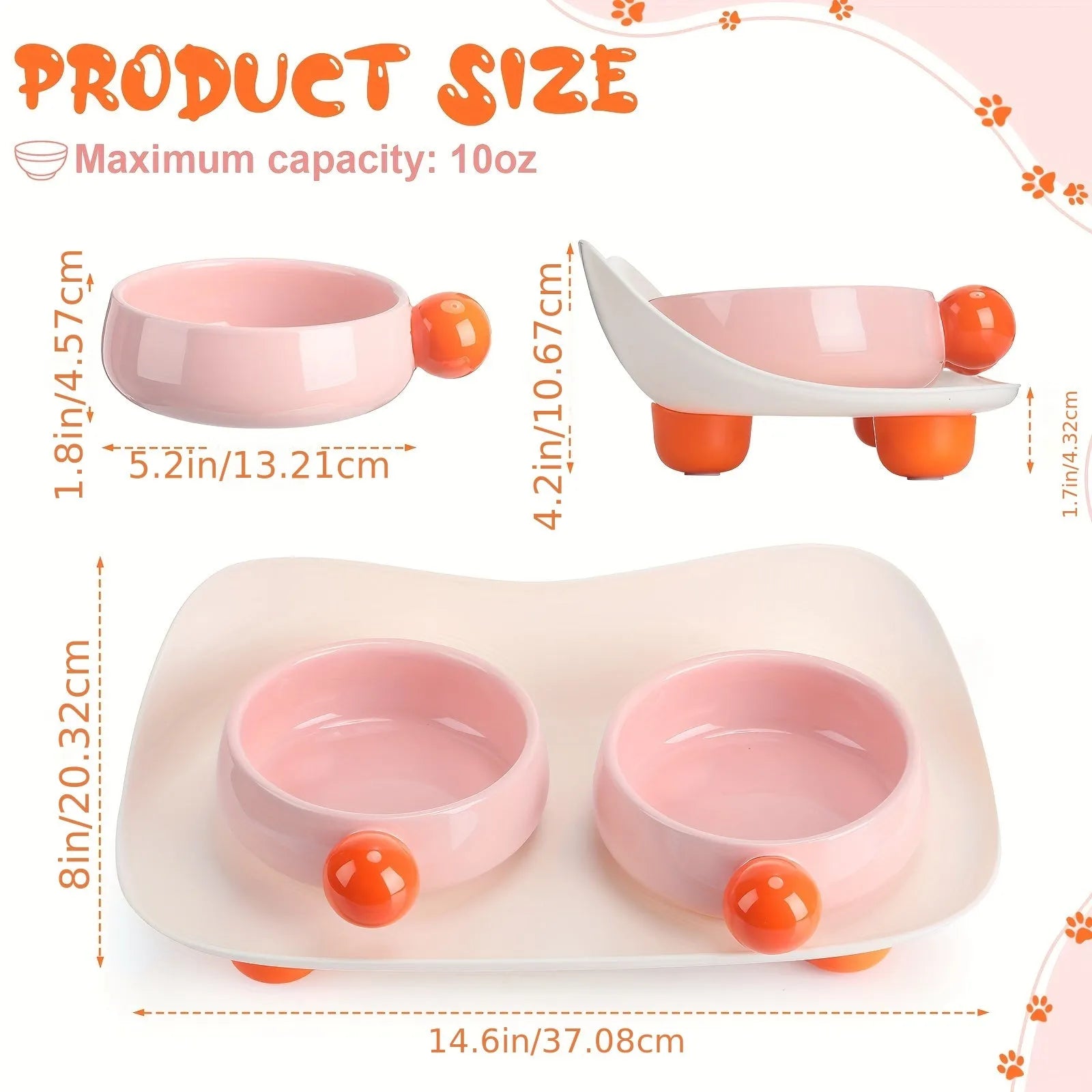 Ceramic raised pet feeding bowl set in pink with two bowls and non-slip base.