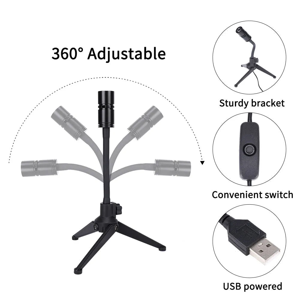 Earth and moon LED projector lamp on its adjustable hose bracket, showing USB cable.