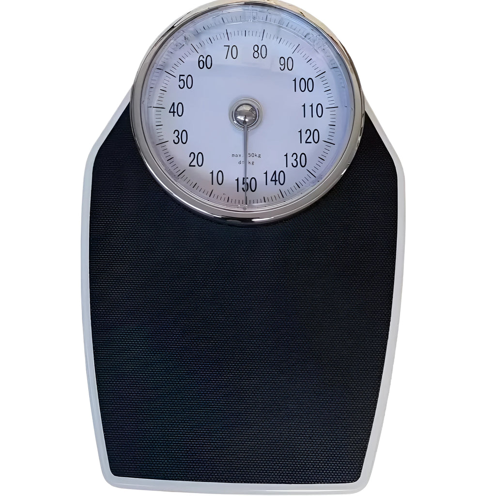 Black mechanical pointer body weight scale with large dial showing 180kg capacity