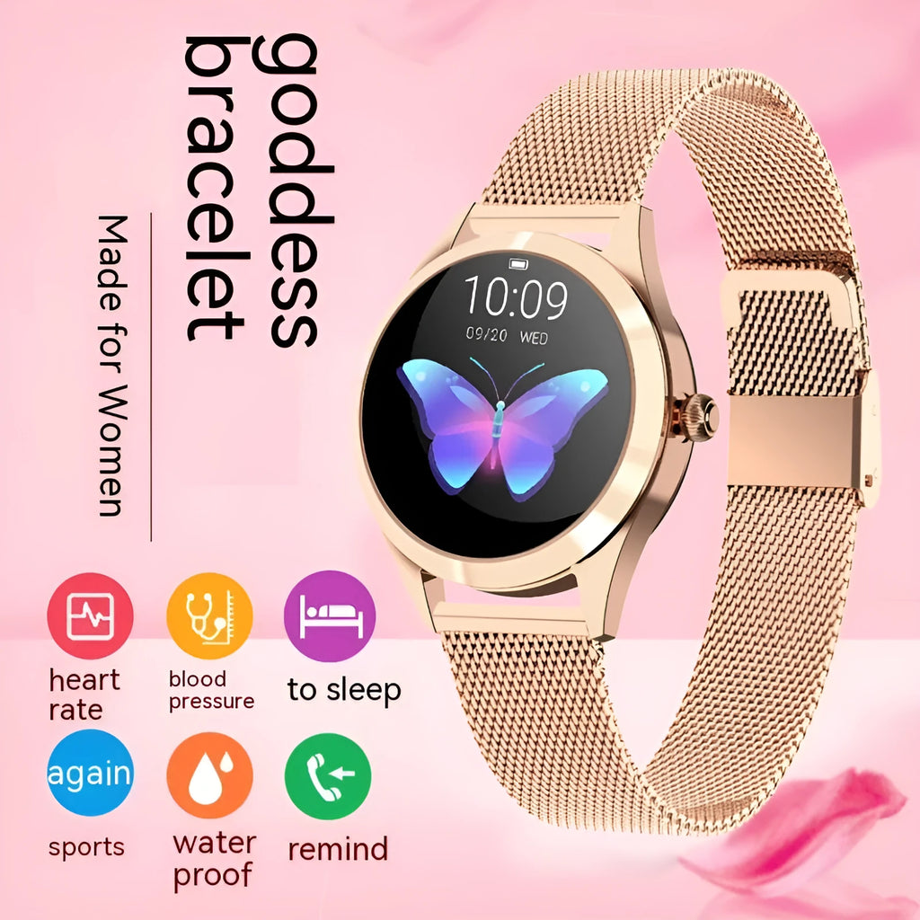 Women's multi-functional sports smartwatch in black, rose gold, silver, or white with heart rate monitoring