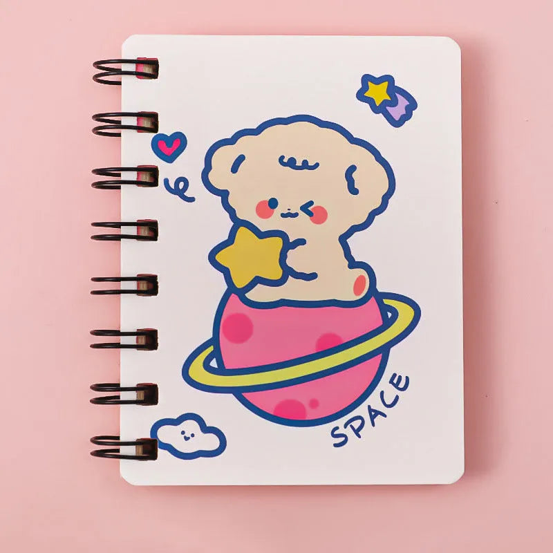 Astronaut themed flip-over pocket notebook showing 10.5cm by 8cm compact size