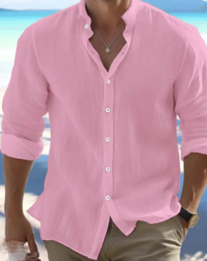 Men's light grey long-staple cotton pullover shirt on a hanger