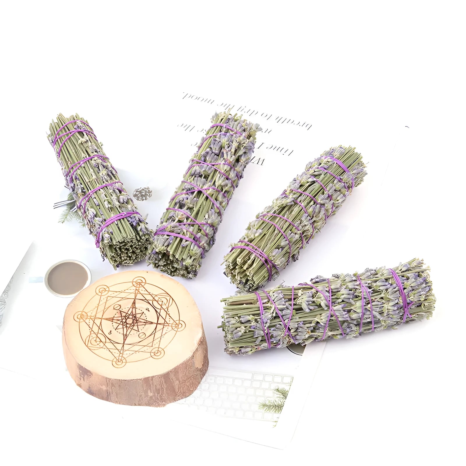 A single 4-inch long lavender aromatherapy stick made from natural dried flowers on a plain background.