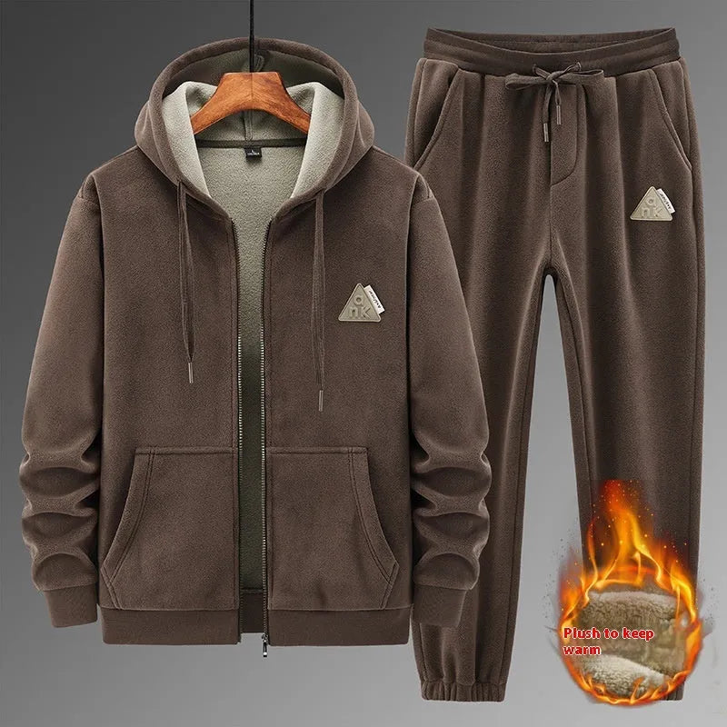 Men's grey hooded cashmere sweater and cotton pants sportswear suit laid flat