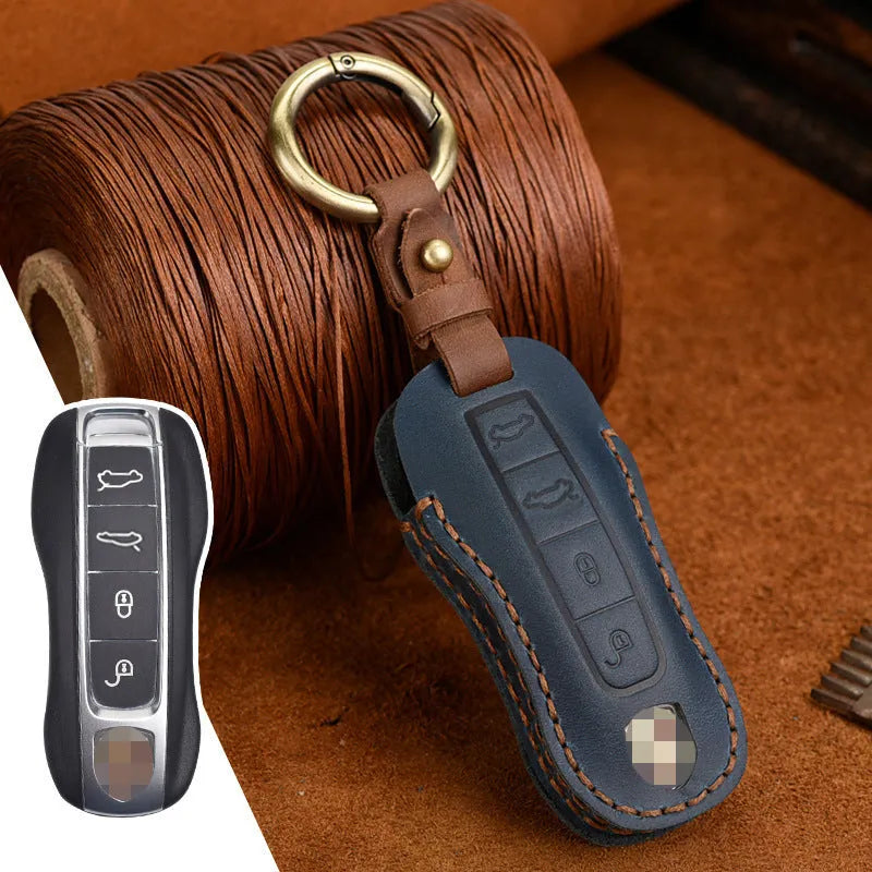 Genuine cowhide leather Porsche key cover with retro bag buckle in blue or brown colour