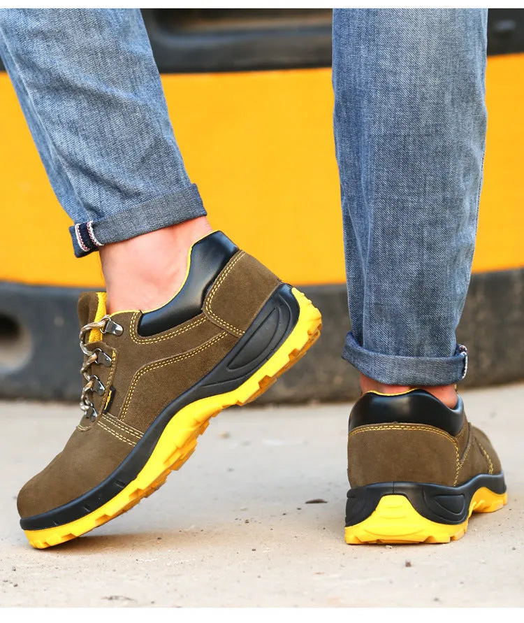 Bronze cowhide leather steel toe safety shoes with anti-skid sole shown in low cut design