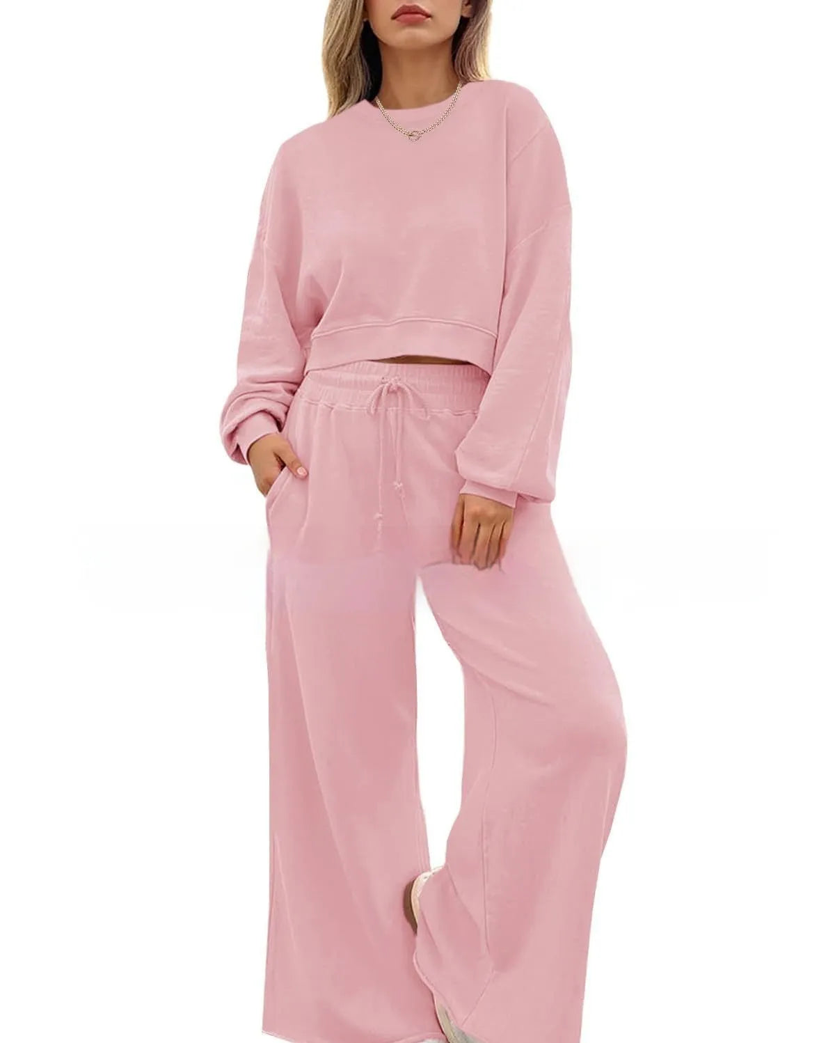 Women's polyester two-piece trousers set in solid colours with long sleeves