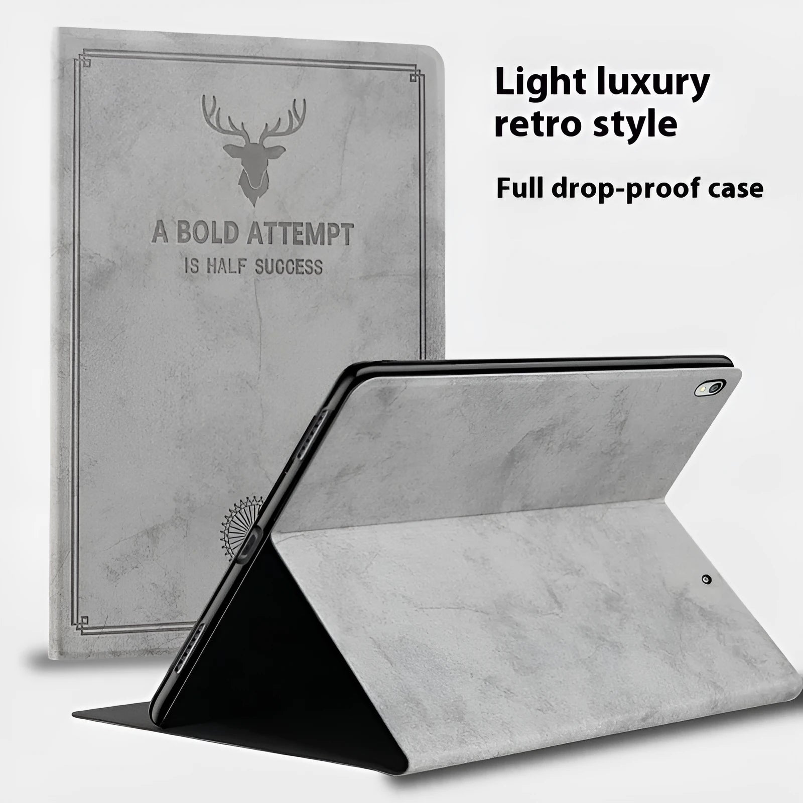 Deer soft shell clamshell protective case for iPad in black elk colour, showing front cover standing feature.