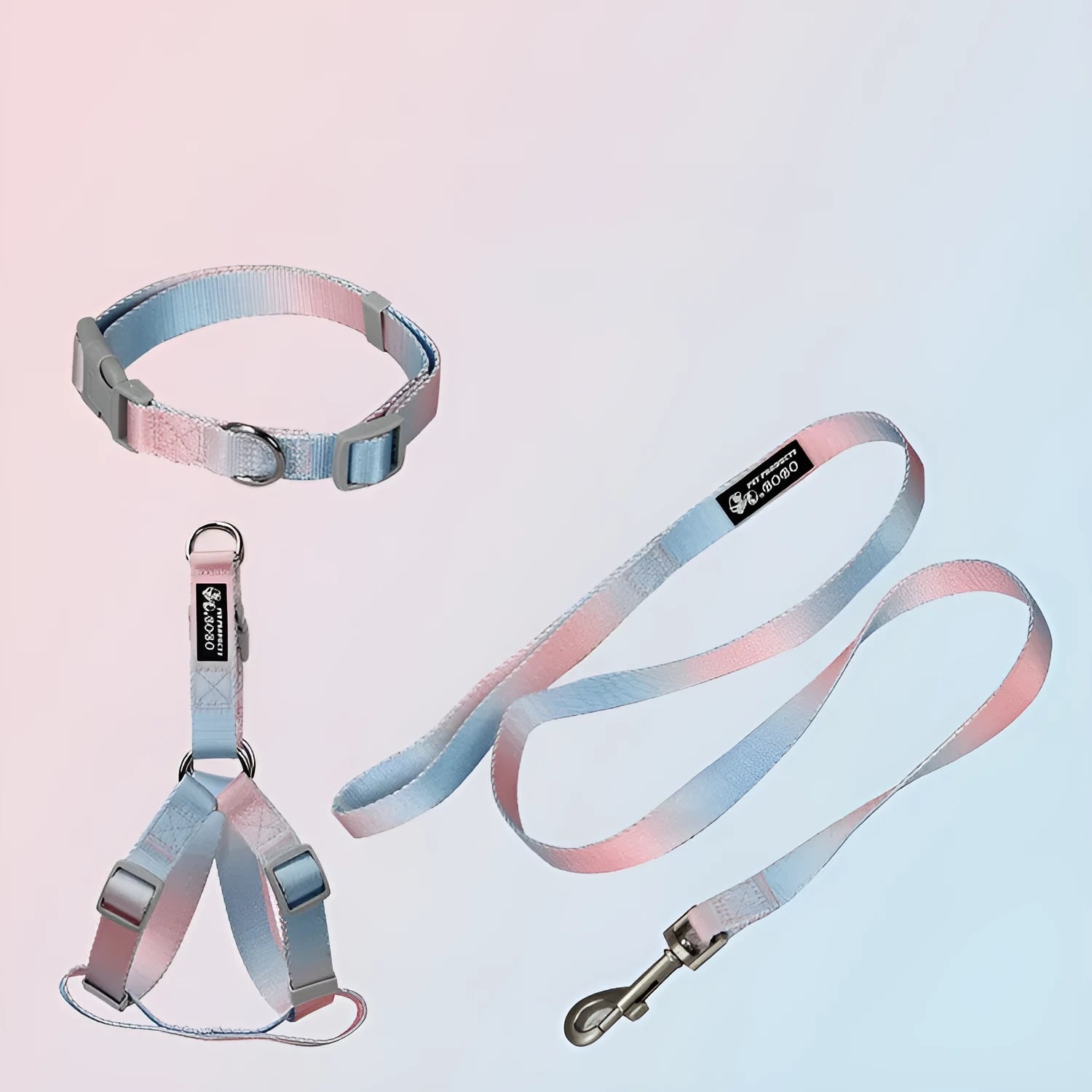 Nylon dog leash and gradient colour collar set in pink and blue, showing S and M size options.