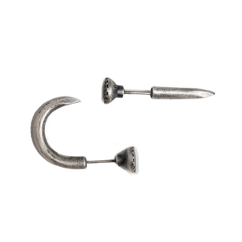S925 sterling silver nail-shaped stud earrings on a plain background, showing straight and curved style options.