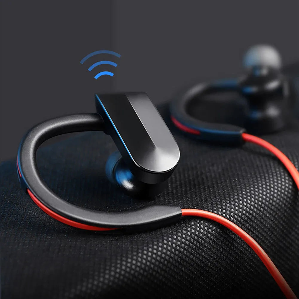 Black wireless neckband Bluetooth earphones with earbuds and USB charging cable