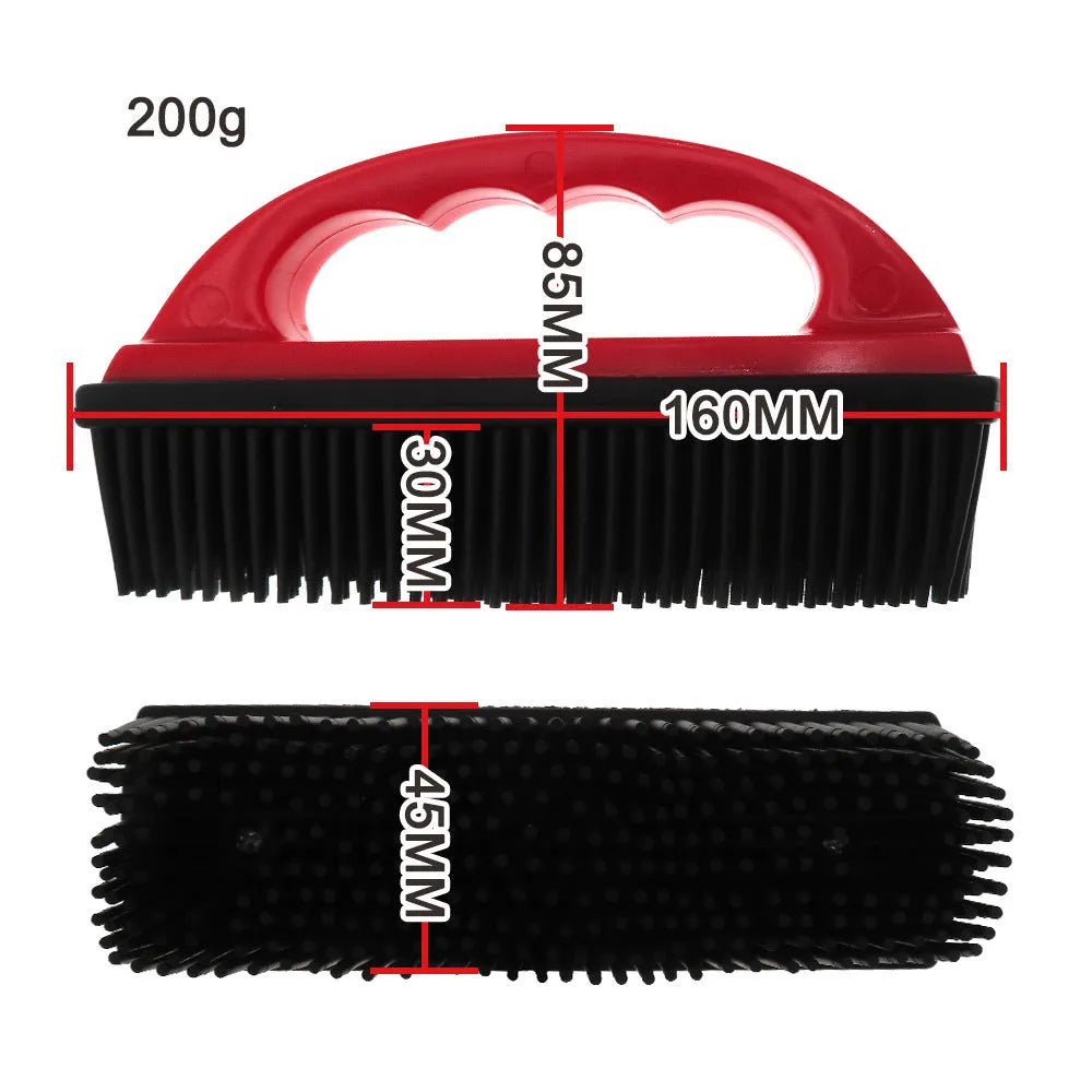 Red pet hair removal massage brush measuring 160x85mm for bath grooming and carpet cleaning