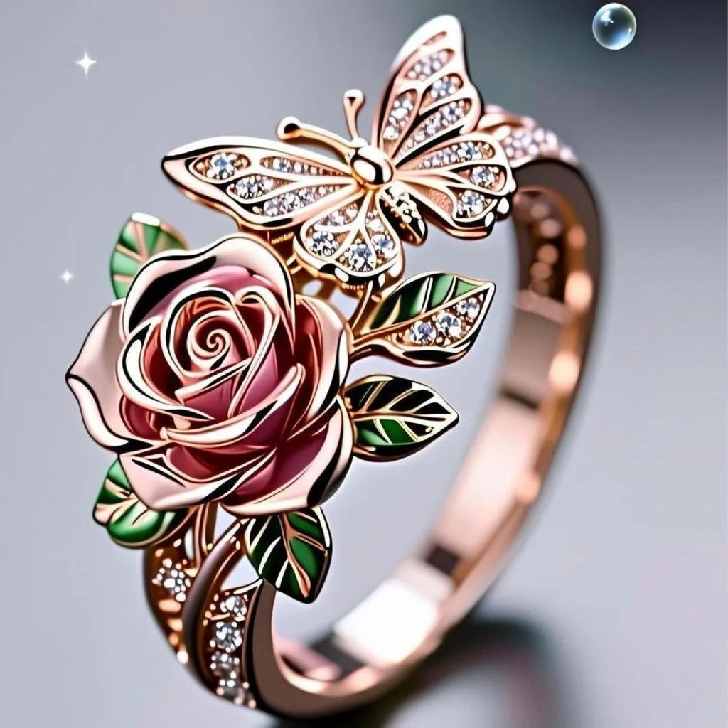 Adjustable butterfly ring with colourful oil drop finish and detailed floral insect leaf modelling