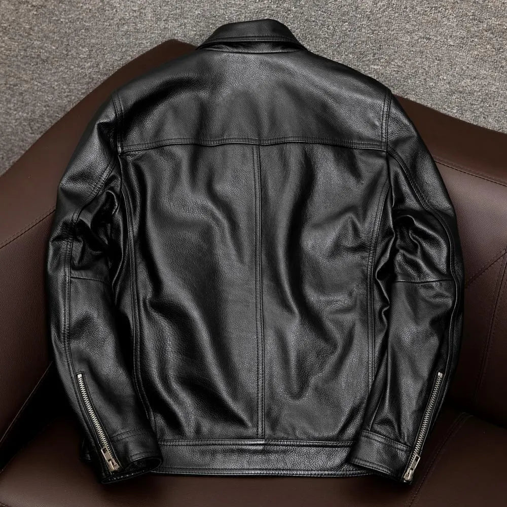 Men's black retro-style PU leather jacket with side pockets shown on a model, plus size loose fit.