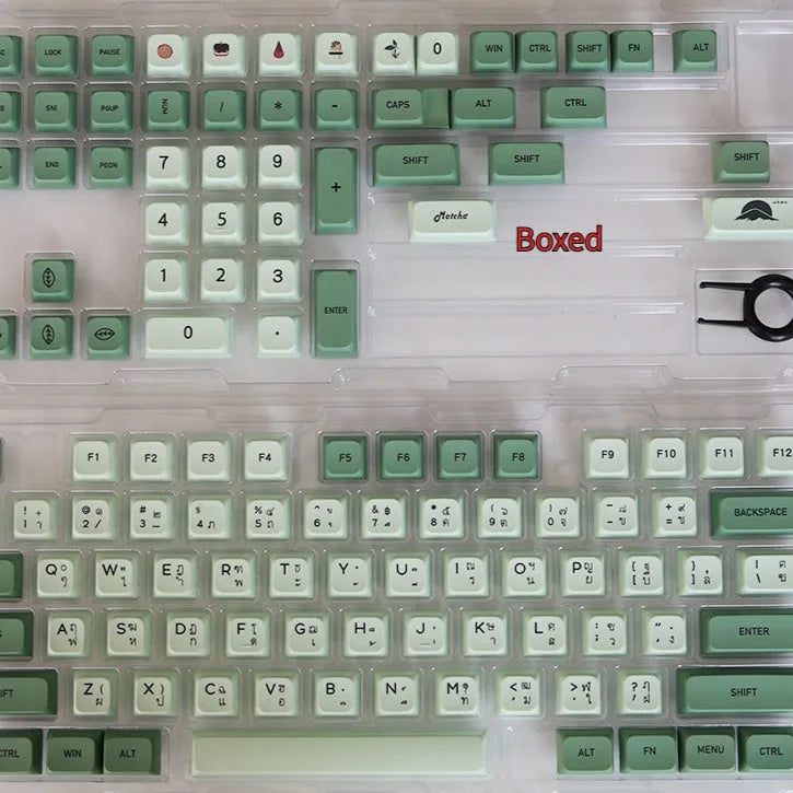 124 PBT keycaps in Matcha green colour arranged by language layout for mechanical keyboards