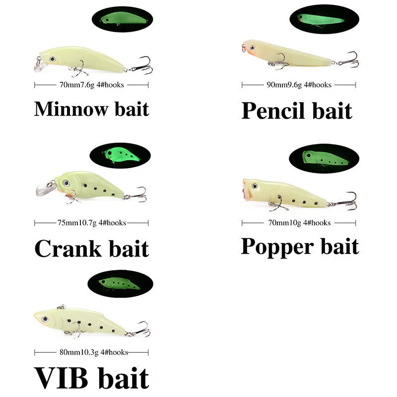 Five fluorescent 3D simulation submerged luminous hard bait fishing lures in box for predator fishing