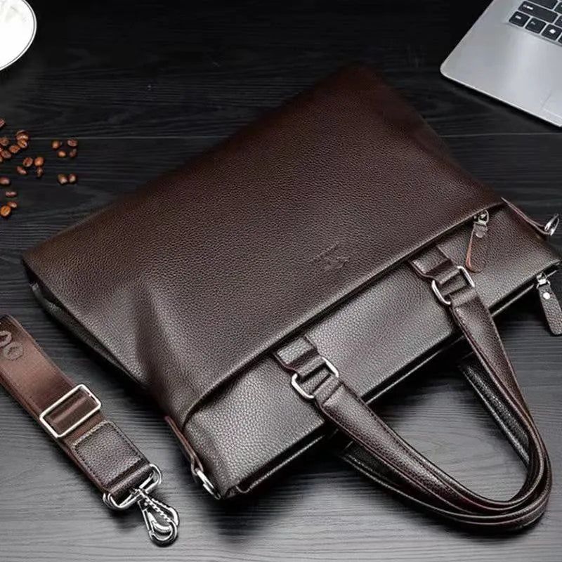 Men's black PU leather business messenger bag with crossbody shoulder strap showing splicing design