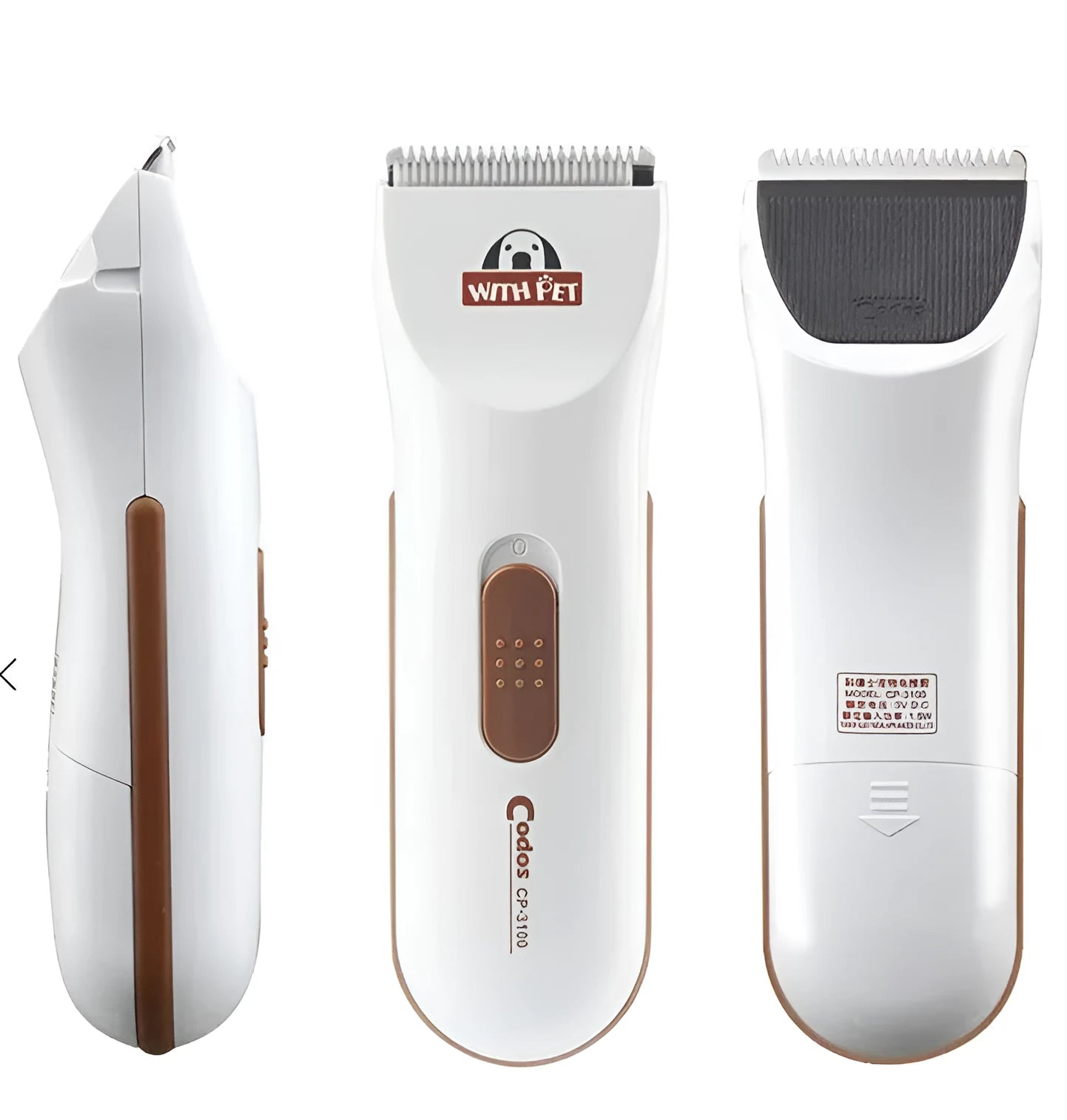 White electric pet hair clipper with ceramic blade for grooming dogs and cats.