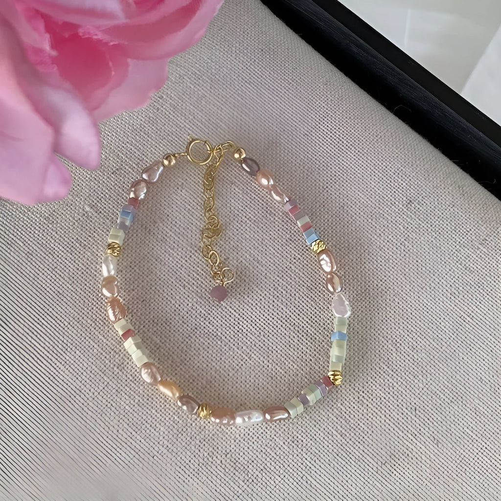 Women's 14K gold gilded natural pearl mini bracelet with irregular silver pieces and matching necklace
