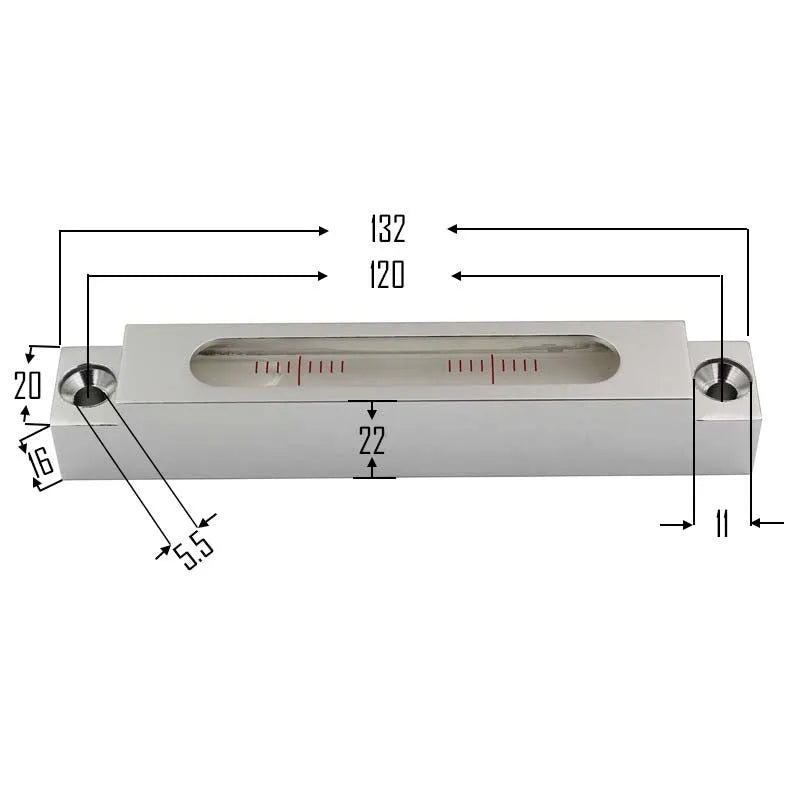 132mm metal and glass mini strip level with measurement blisters for precision alignment