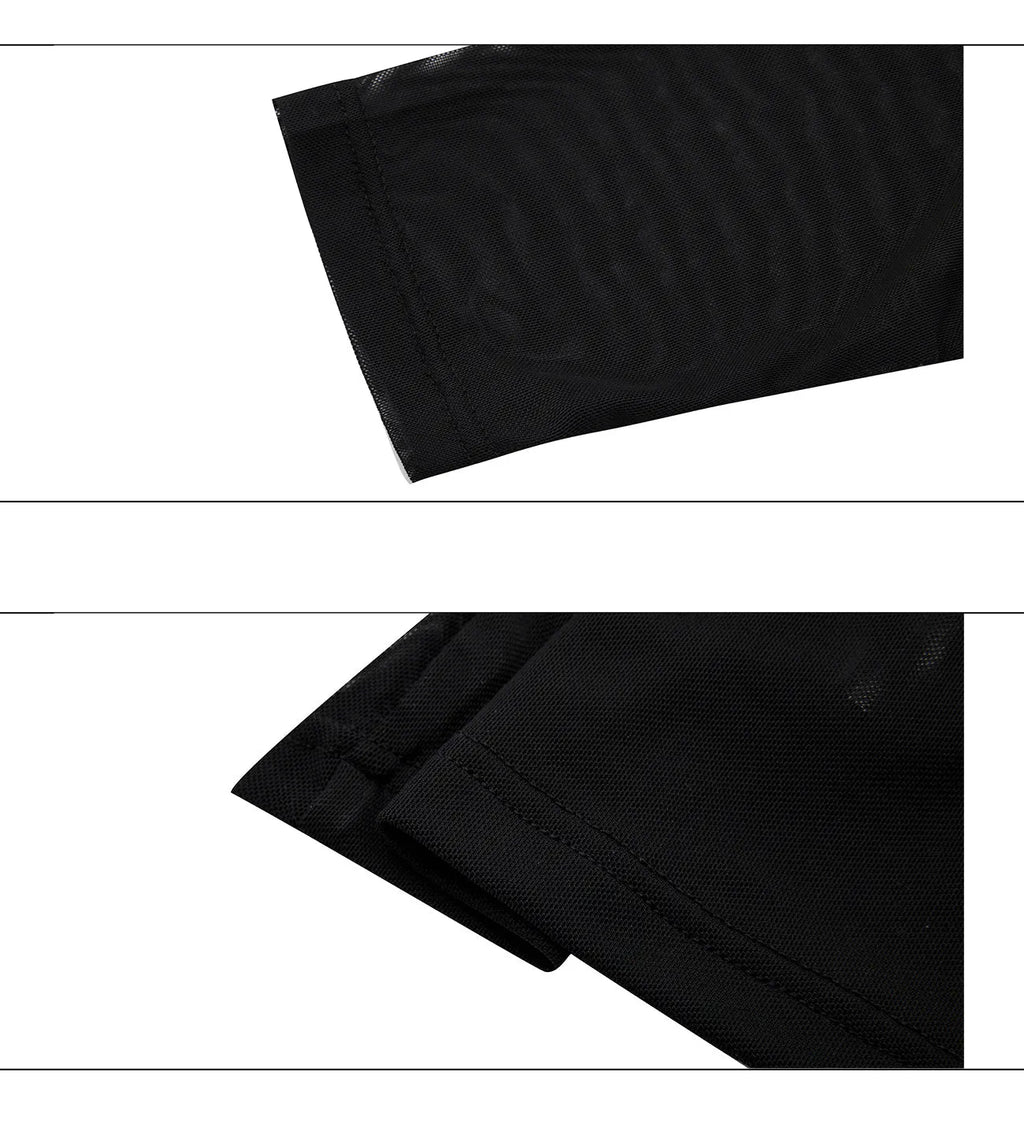 Man wearing a black slim-fit niche mesh long sleeve bottoming shirt.