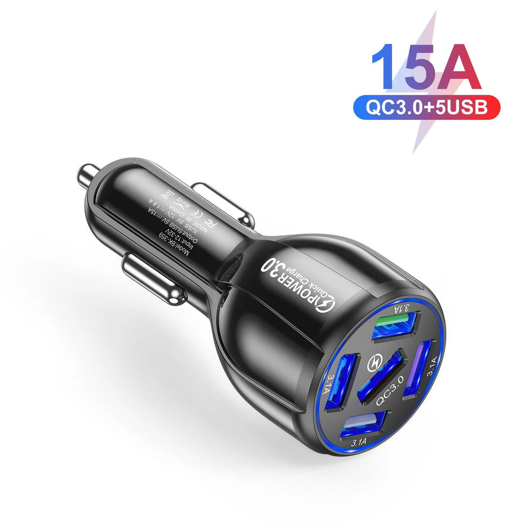 5-port 15A QC3.0 USB car charger for fast multi-device charging in vehicle