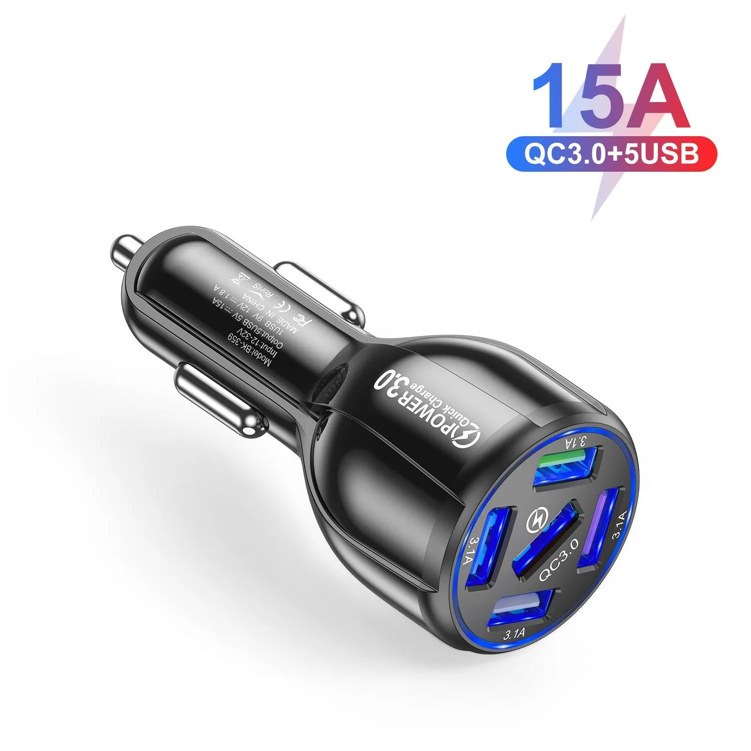 5-port 15A QC3.0 USB car charger for fast multi-device charging in vehicle