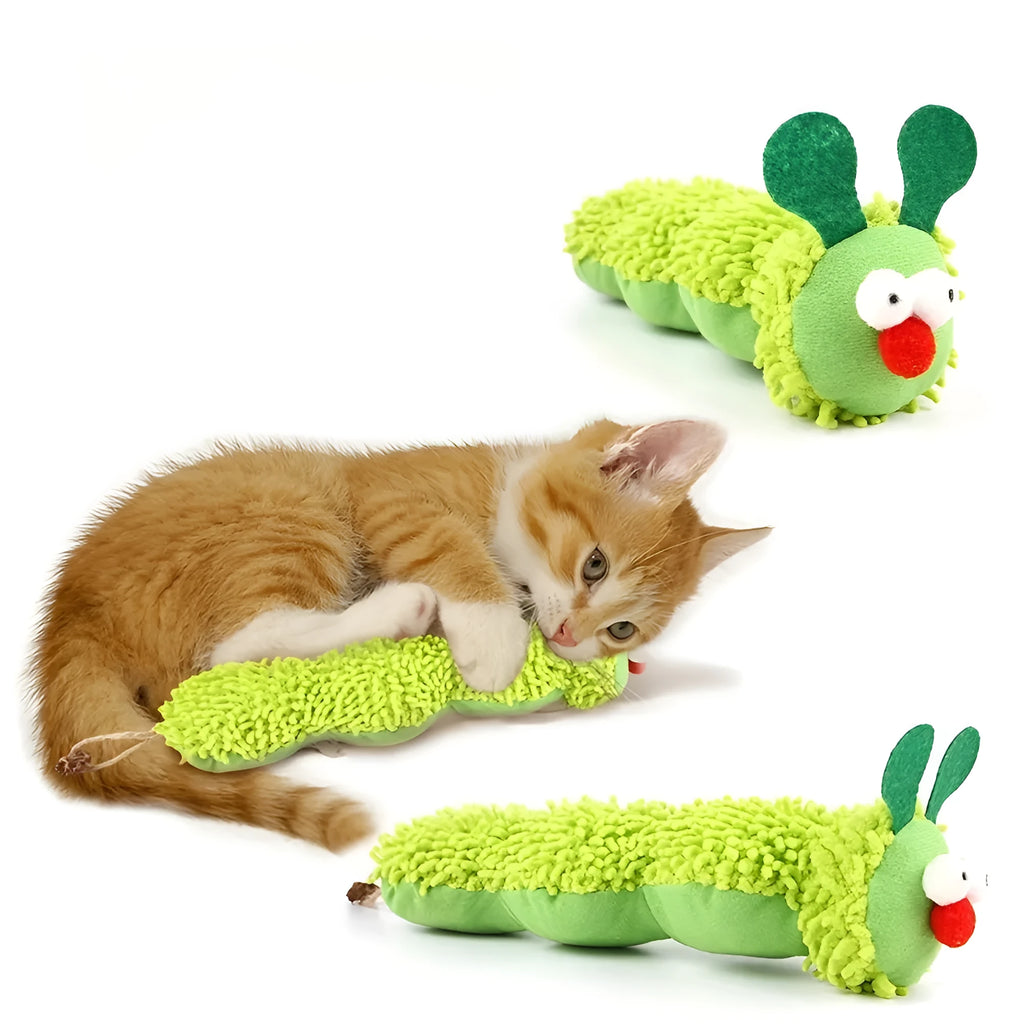 Green interactive plush cat toy pillow on a white background, showing its 24cm length.